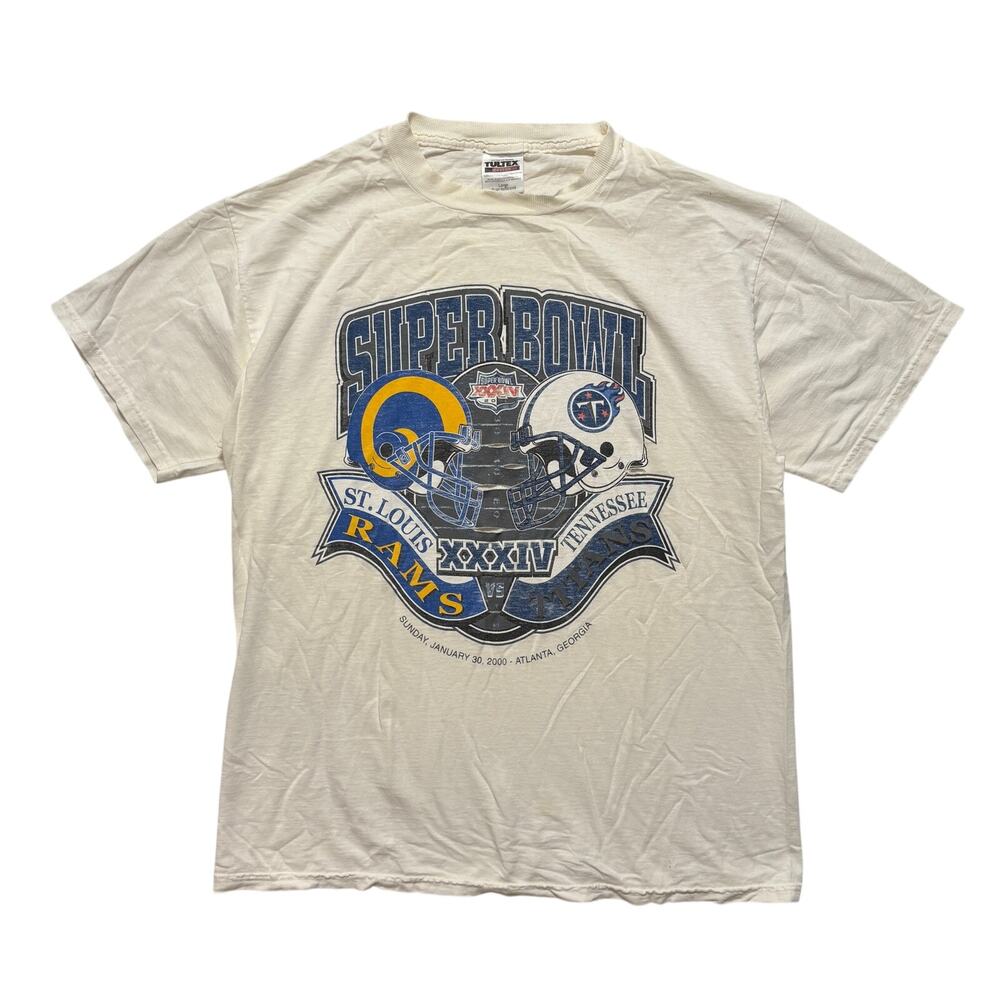 VTG Y2K Super Bowl Rams Football NFL Sports Distressed Graphic T-Shirt White L